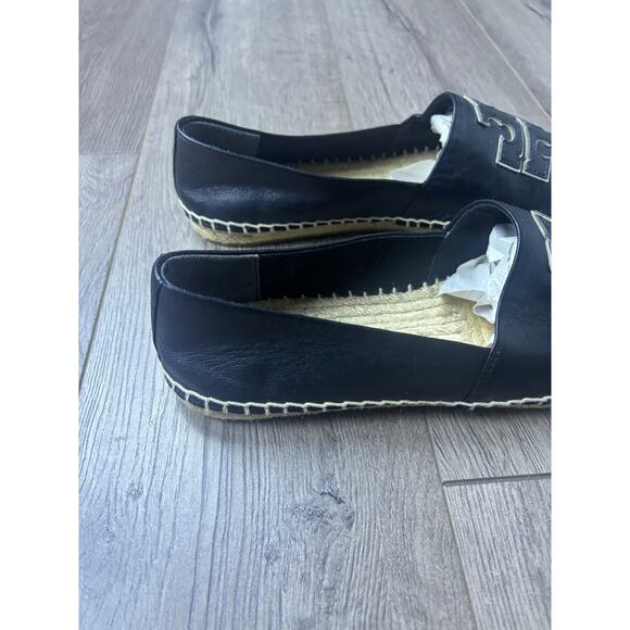 Tory Burch Espadrille Flats Black Leather Logo Size 8.5 Casual Slip On - Picture 2 of 6